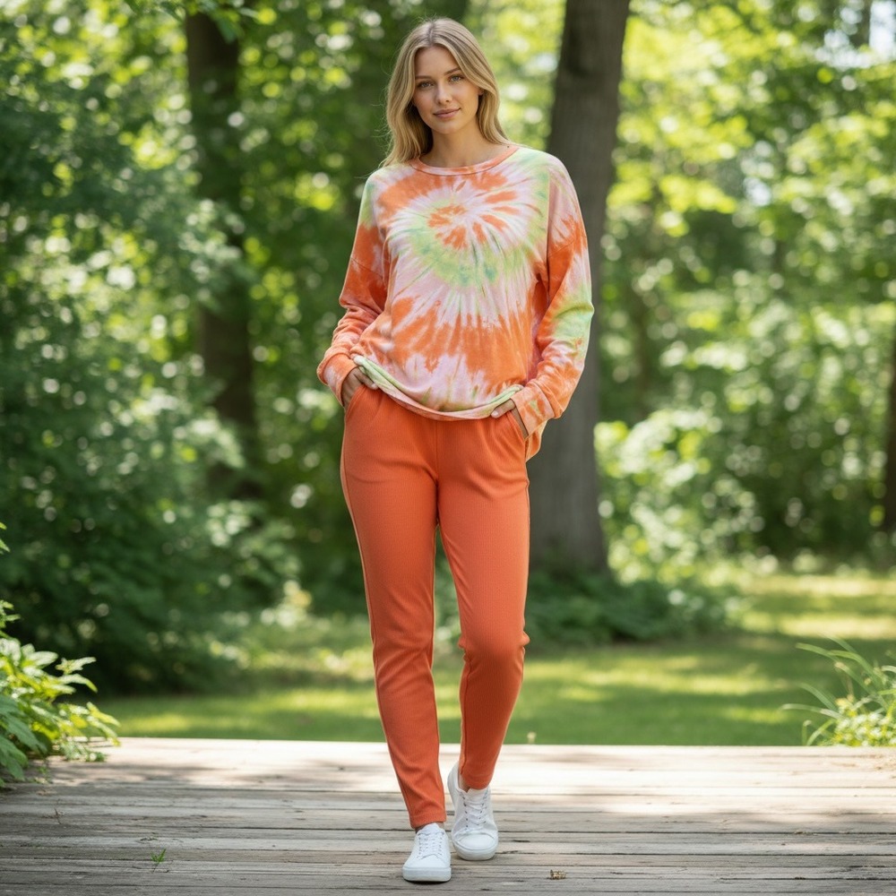 2 Pc Lounge Set Tie Dye Oversized Top M‎ Ribbed Leggings XL Athleisure Cozy Boho
